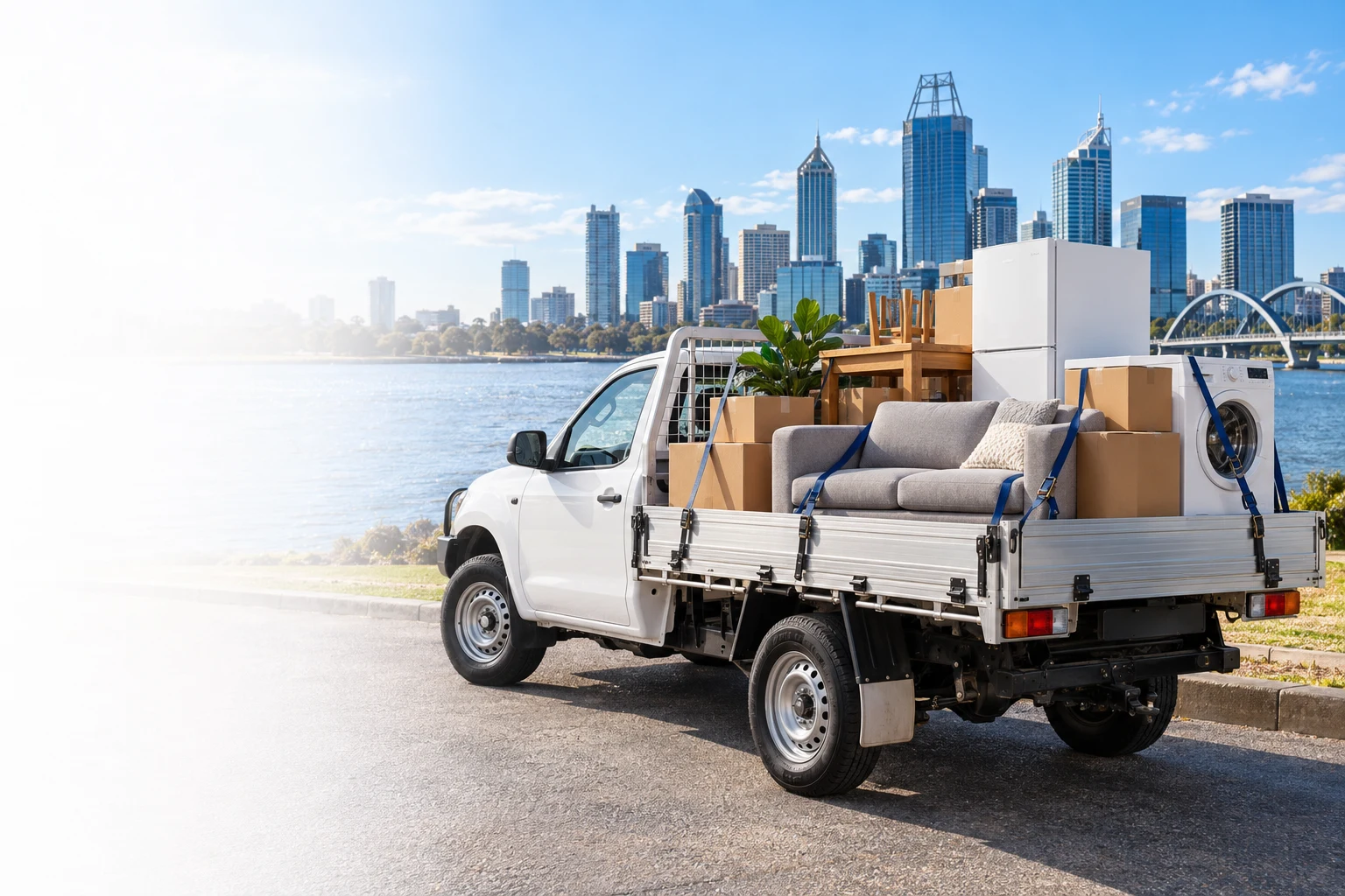White ute carrying furniture, appliances and moving boxes beside Perth's Swan River