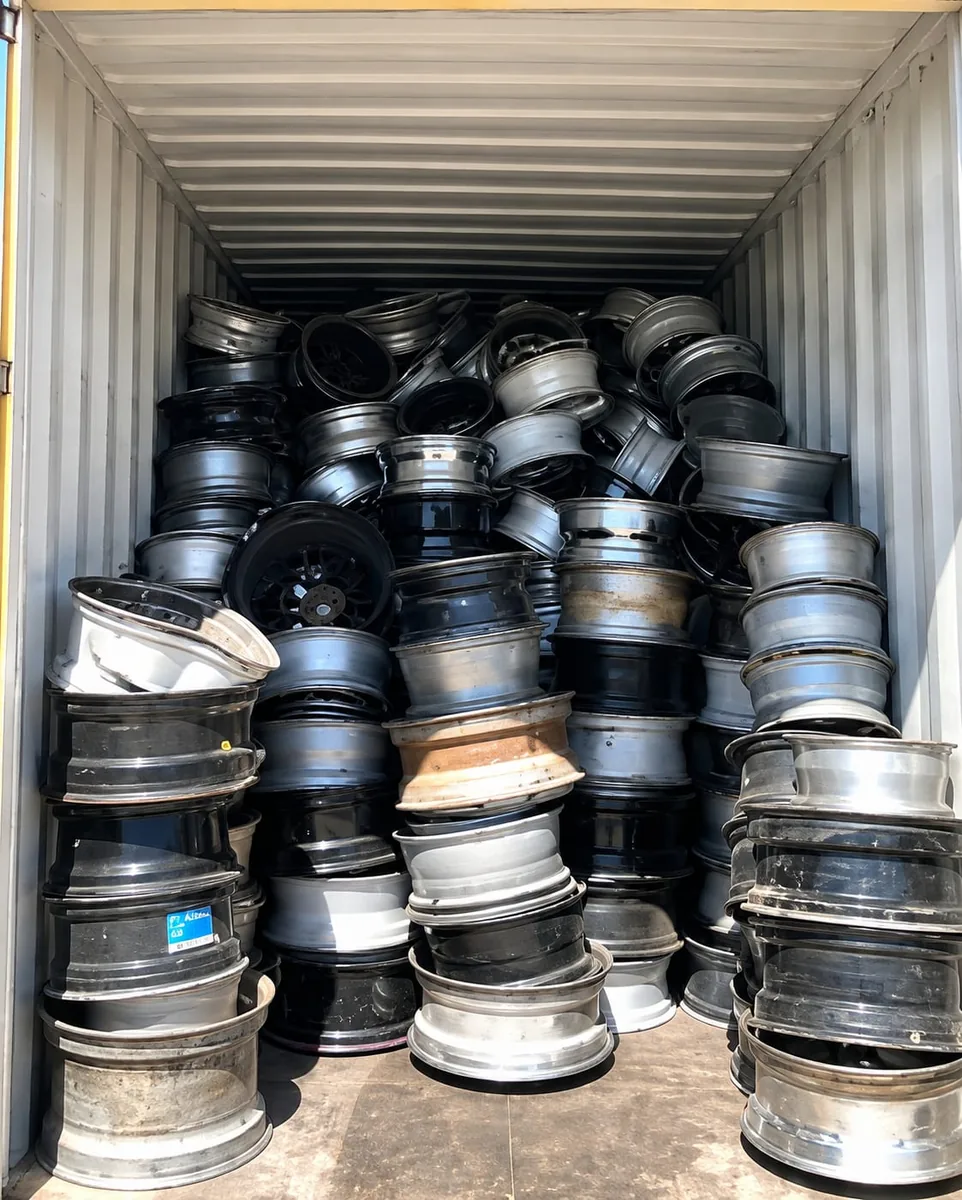 Alloy wheels loaded in a container for scrap metal recycling in Perth