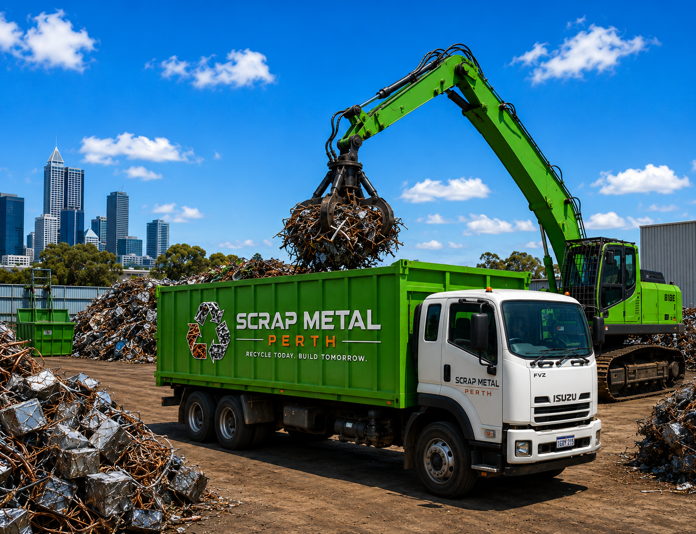 Furious truck being loaded with scrap metal by an excavator